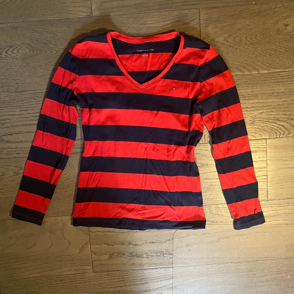 Tommy Hilfiger Red+Navy V-Neck Striped Long Sleeve
